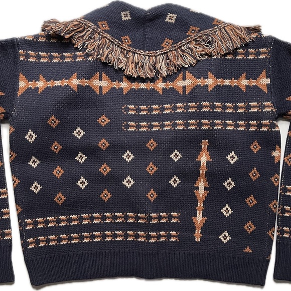 Pendleton Fringe Shawl Collar Cropped Oversized Cotton/ Wool Cardigan Sweater - Picture 2 of 3